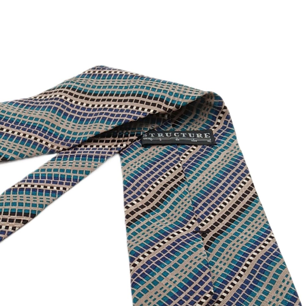 Structure Silk Tie Mens 58” Taupe Blue Teal Geometric Designer Wide New - Picture 4 of 4